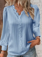 Casual Top met V-Hals, Lange Mouwen en Kant