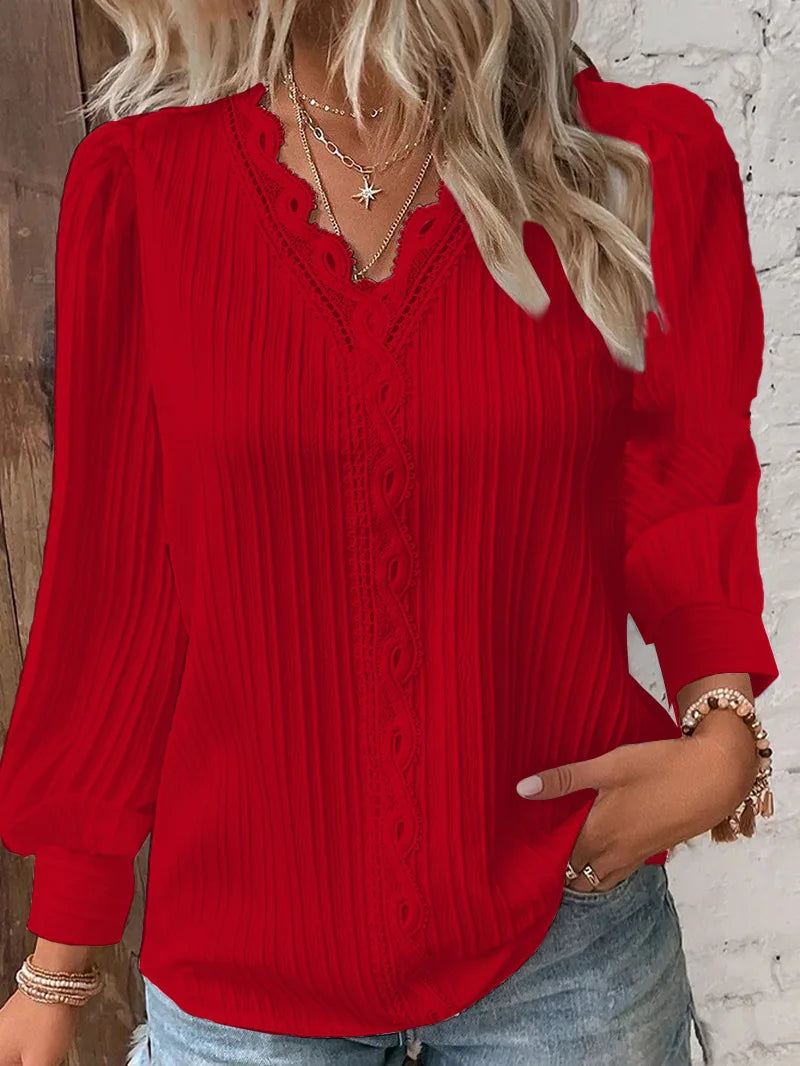 Casual Top met V-Hals, Lange Mouwen en Kant