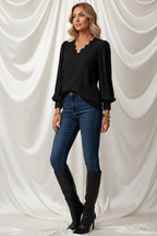 Casual Top met V-Hals, Lange Mouwen en Kant