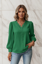 Casual Top met V-Hals, Lange Mouwen en Kant