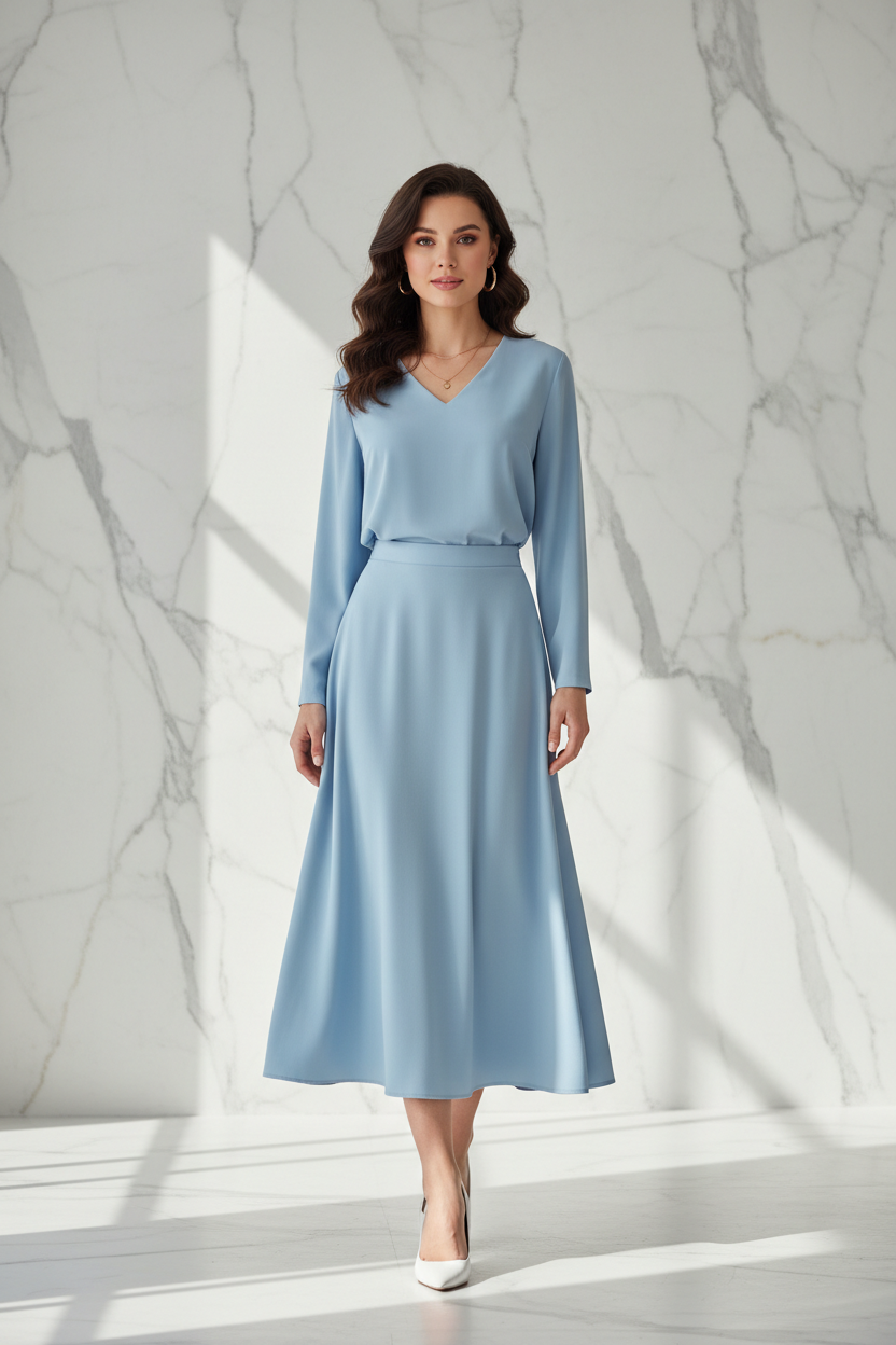 V-Hals Shirt & High Waist Rok Set