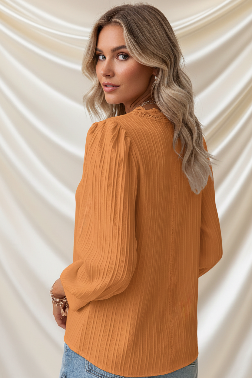 Casual Top met V-Hals, Lange Mouwen en Kant