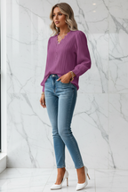 Casual Top met V-Hals, Lange Mouwen en Kant