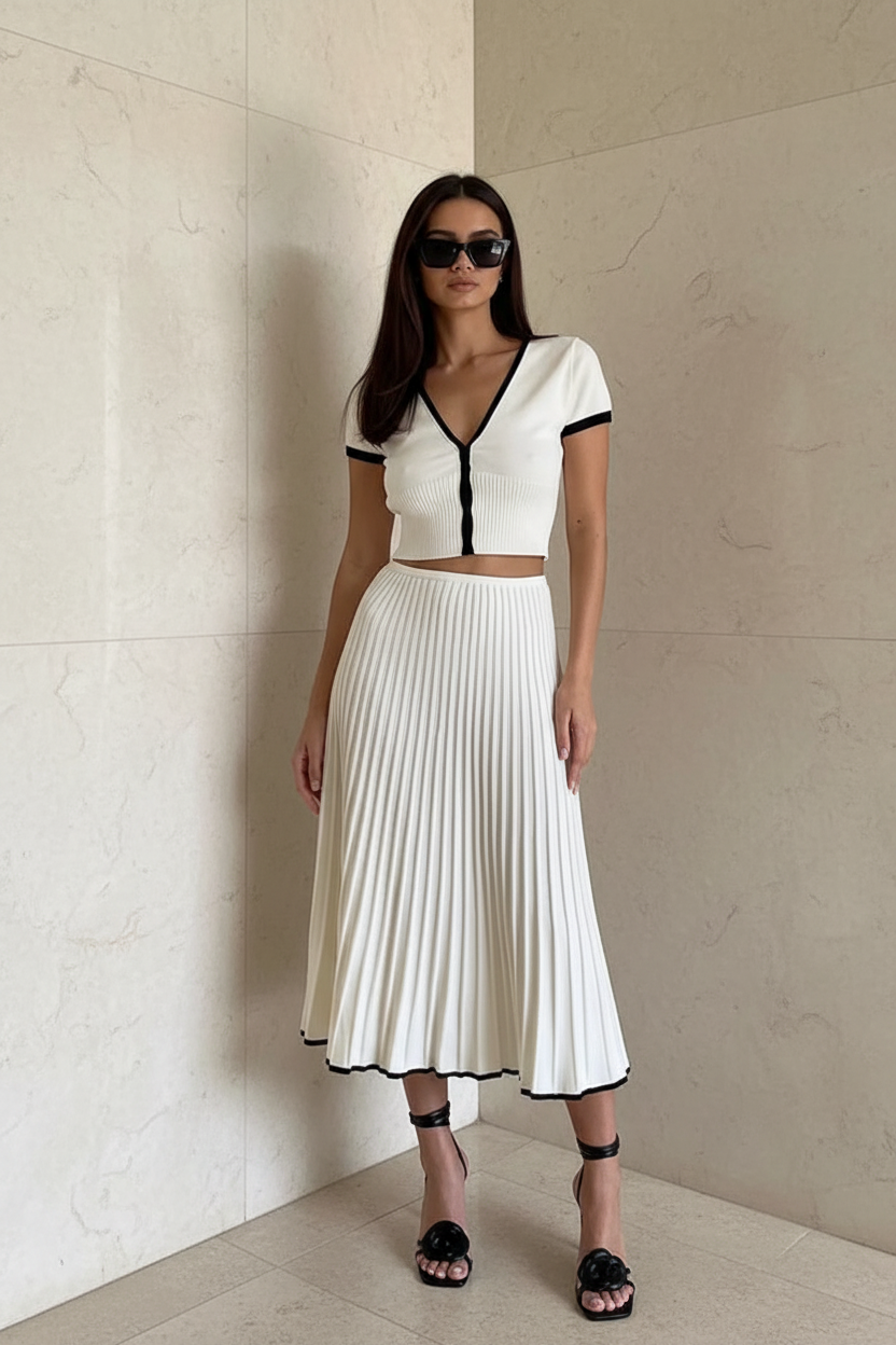 Witte V-Hals Crop Top & Plissé Midi Rok Set