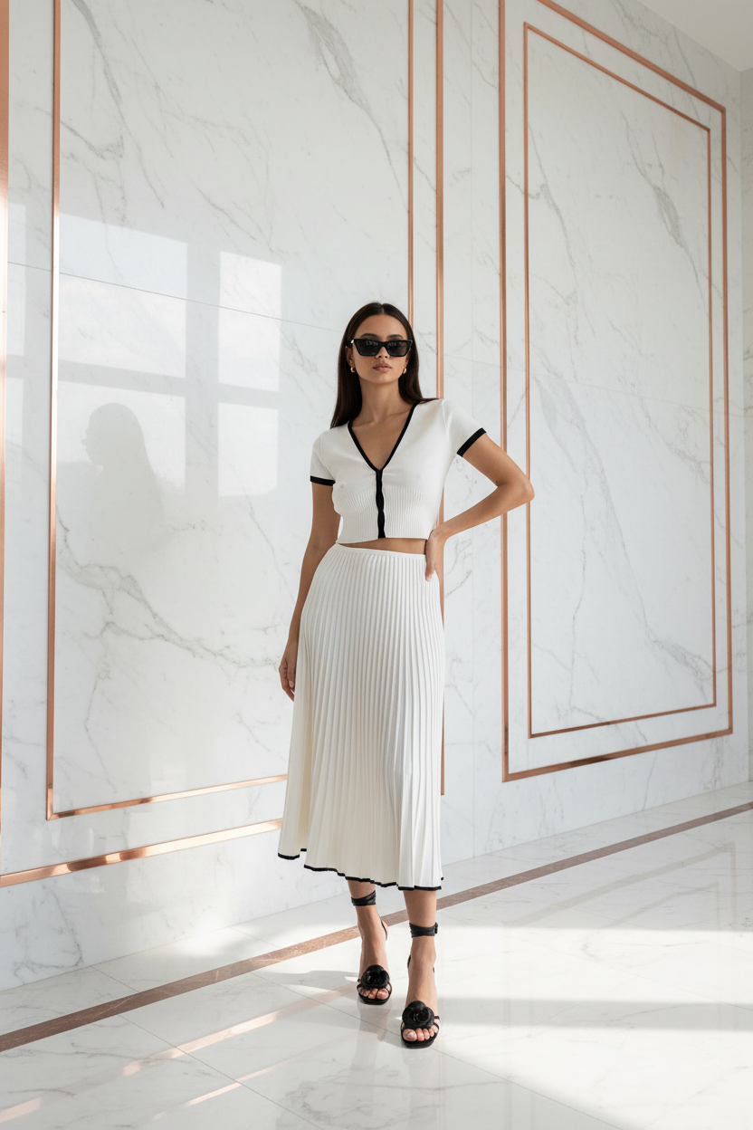 Witte V-Hals Crop Top & Plissé Midi Rok Set