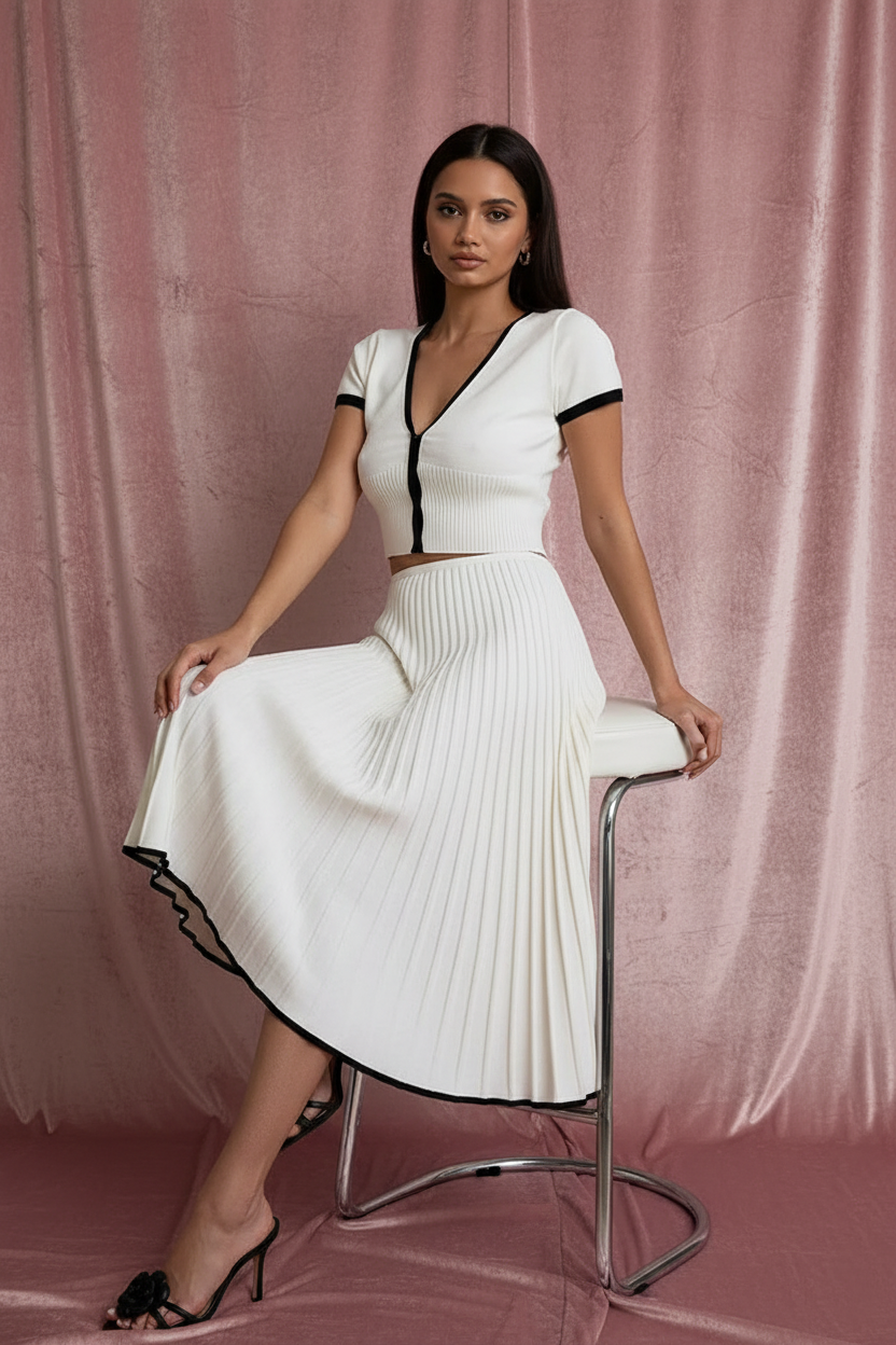 Witte V-Hals Crop Top & Plissé Midi Rok Set
