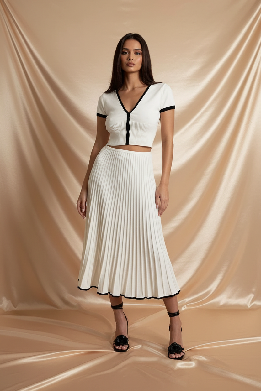 Witte V-Hals Crop Top & Plissé Midi Rok Set